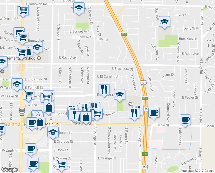 map of restaurants, bars, coffee shops, grocery stores, and more near 841 East Tunnell Street in Santa Maria