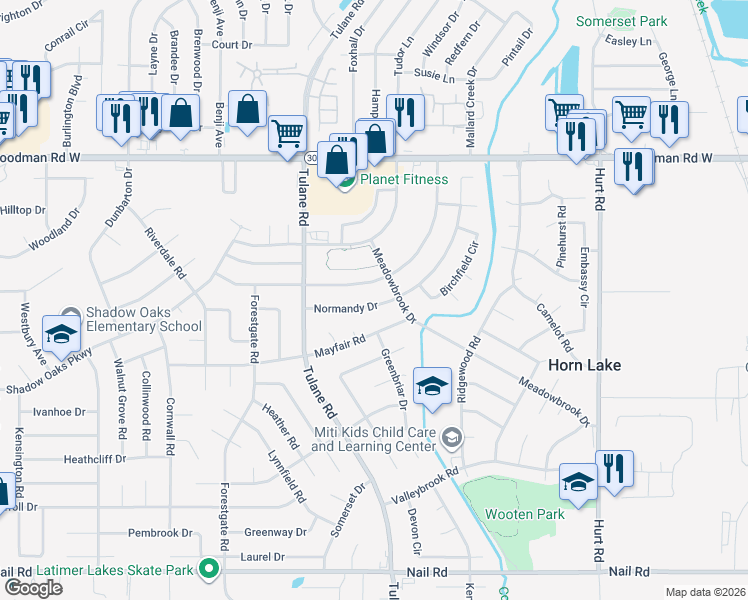 map of restaurants, bars, coffee shops, grocery stores, and more near 3030 Normandy Drive in Horn Lake