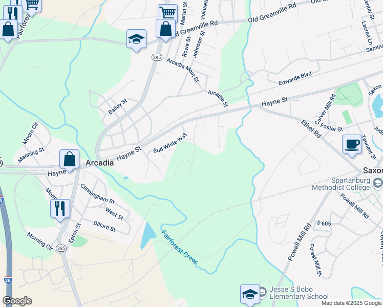 map of restaurants, bars, coffee shops, grocery stores, and more near 169 Bud White Way in Arcadia