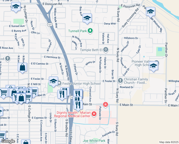 map of restaurants, bars, coffee shops, grocery stores, and more near 530 Garnet Way in Santa Maria