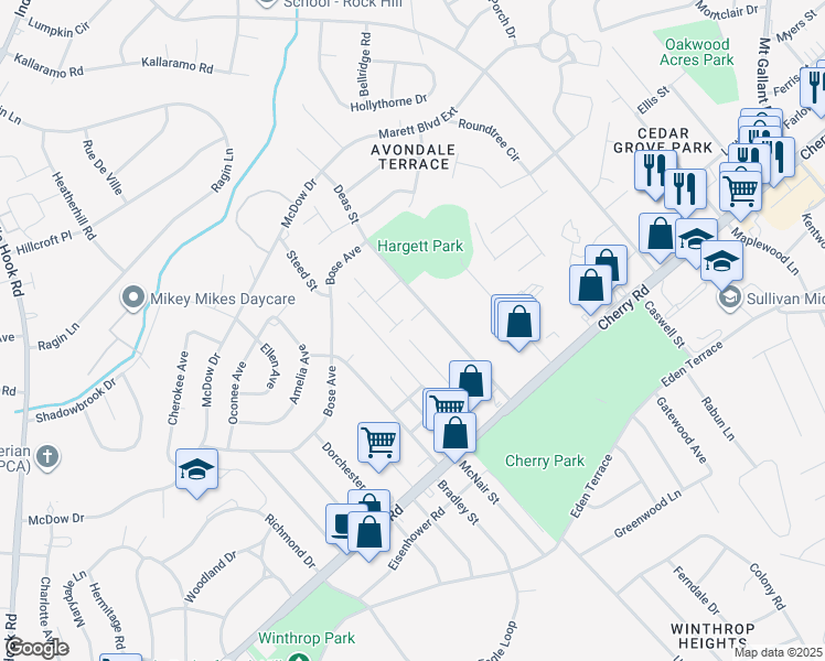 map of restaurants, bars, coffee shops, grocery stores, and more near 1102 Farm Pond Lane in Rock Hill