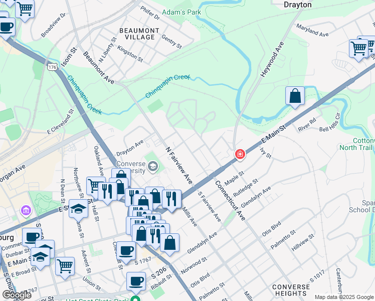 map of restaurants, bars, coffee shops, grocery stores, and more near 180 Avant Street in Spartanburg