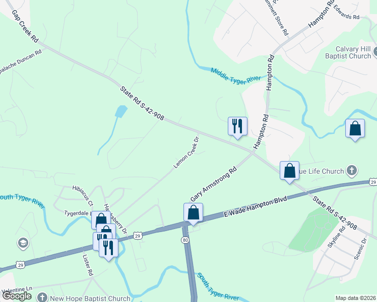 map of restaurants, bars, coffee shops, grocery stores, and more near 120 Lemon Creek Drive in Lyman
