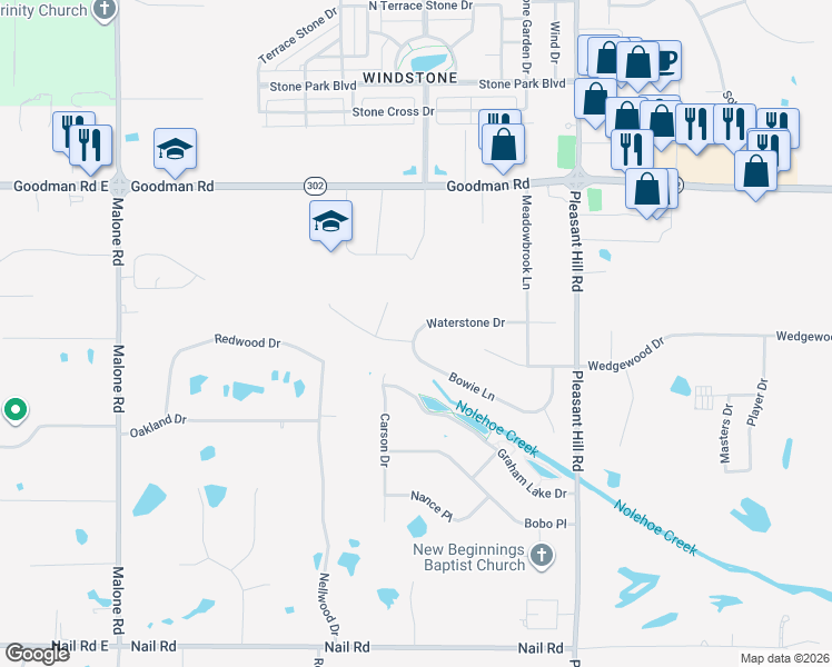 map of restaurants, bars, coffee shops, grocery stores, and more near 4736 Waterstone Drive in Olive Branch