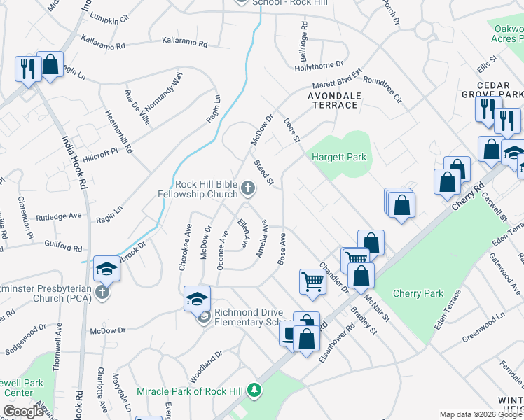map of restaurants, bars, coffee shops, grocery stores, and more near 1342 Amelia Avenue in Rock Hill