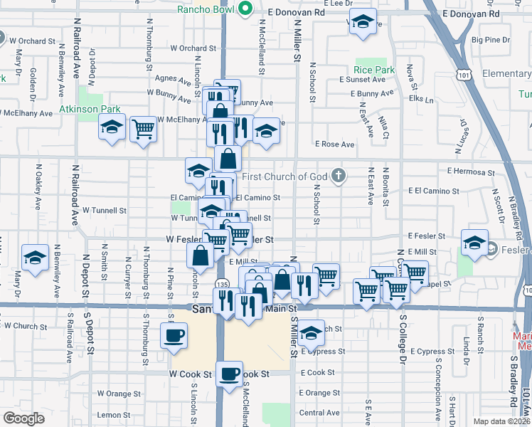map of restaurants, bars, coffee shops, grocery stores, and more near 214 East Tunnell Street in Santa Maria
