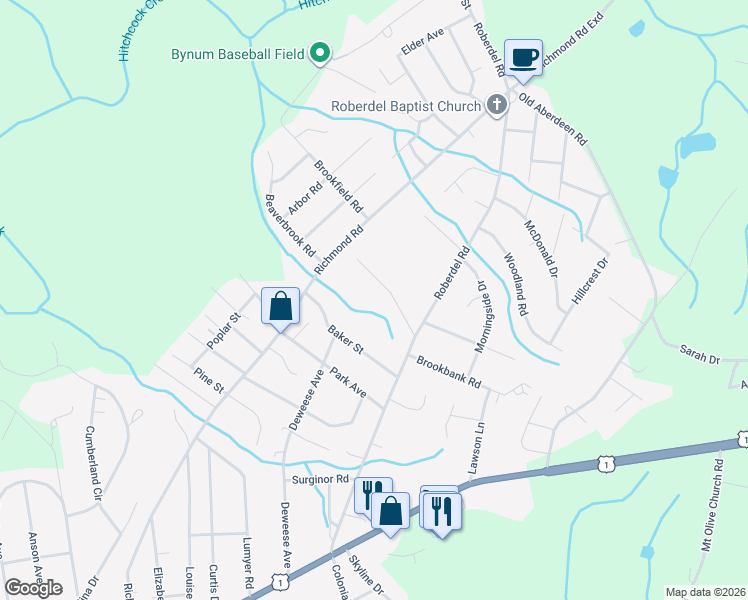 map of restaurants, bars, coffee shops, grocery stores, and more near 1922 Linden Drive in Rockingham