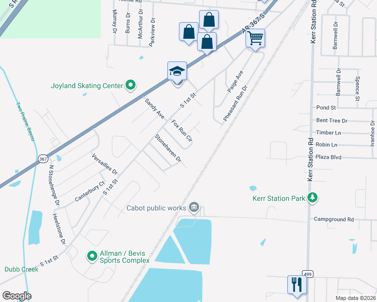 map of restaurants, bars, coffee shops, grocery stores, and more near 32 Fox Run Circle in Cabot