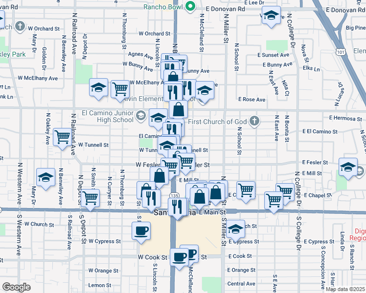 map of restaurants, bars, coffee shops, grocery stores, and more near 113 East Tunnell Street in Santa Maria
