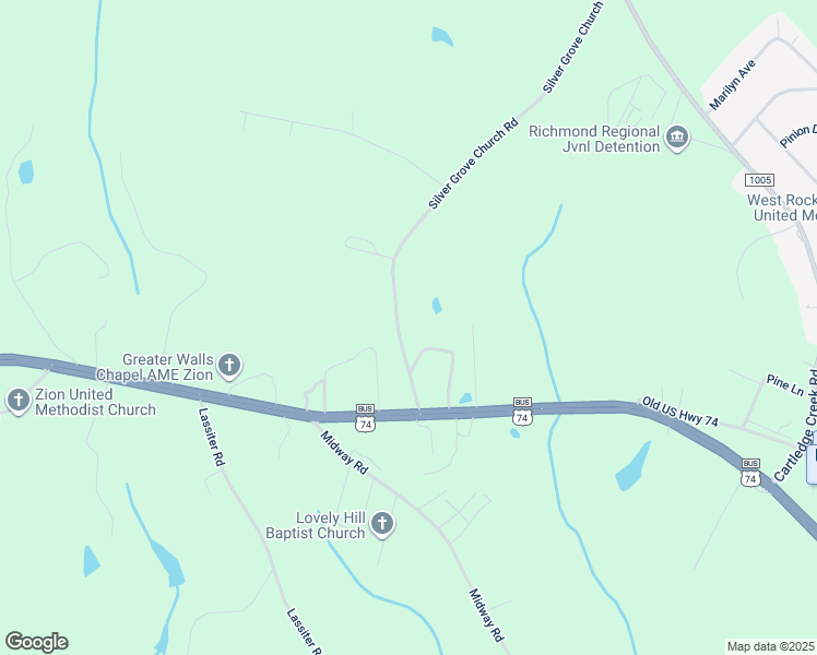 map of restaurants, bars, coffee shops, grocery stores, and more near 130 Silver Grove Church Road in Rockingham