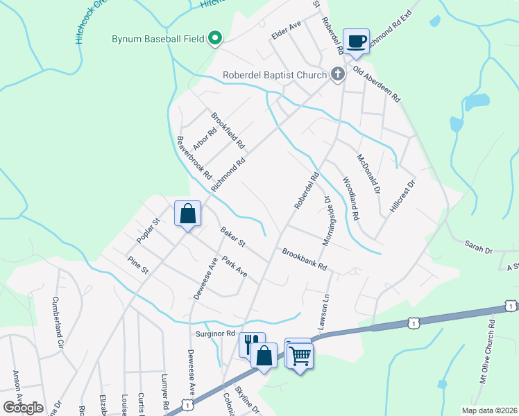 map of restaurants, bars, coffee shops, grocery stores, and more near 1922 Linden Drive in Rockingham