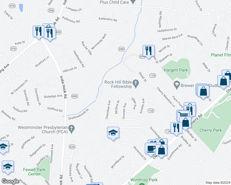 map of restaurants, bars, coffee shops, grocery stores, and more near 1173 Cherokee Avenue in Rock Hill