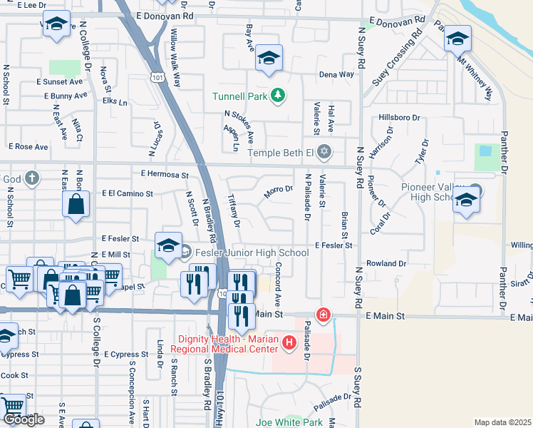 map of restaurants, bars, coffee shops, grocery stores, and more near 541 Garnet Way in Santa Maria