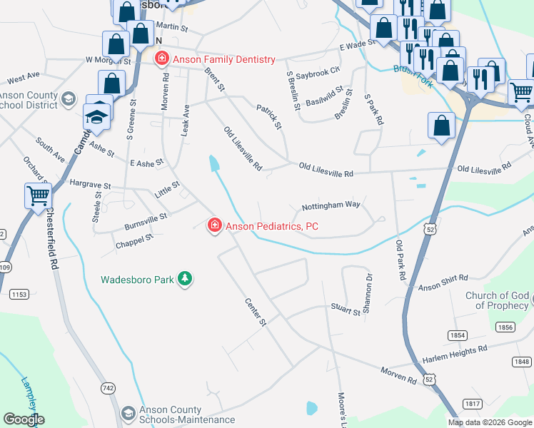 map of restaurants, bars, coffee shops, grocery stores, and more near 101 Nottingham Way in Wadesboro
