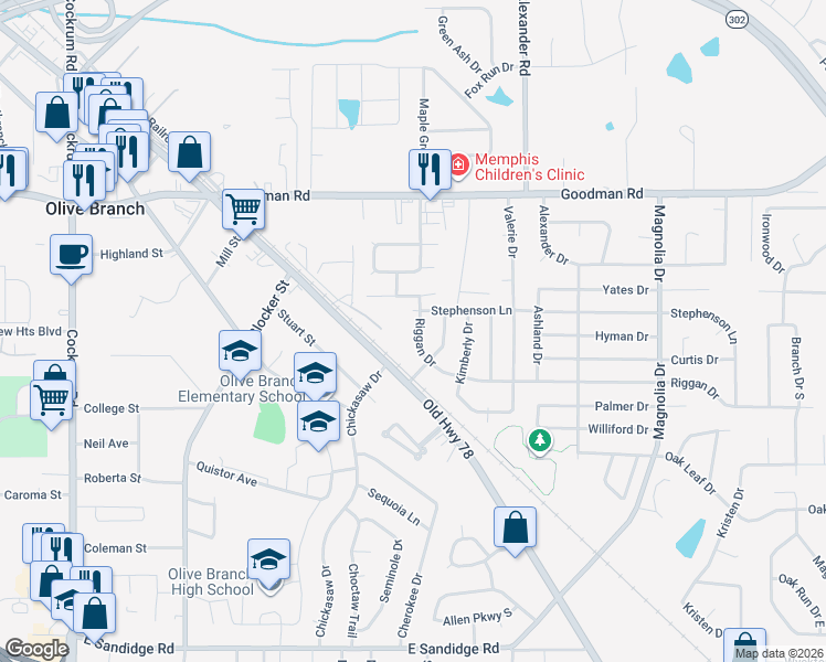 map of restaurants, bars, coffee shops, grocery stores, and more near 9787 Riggan Drive in Olive Branch