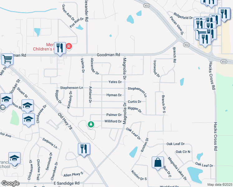 map of restaurants, bars, coffee shops, grocery stores, and more near 10230 Hyman Drive in Olive Branch