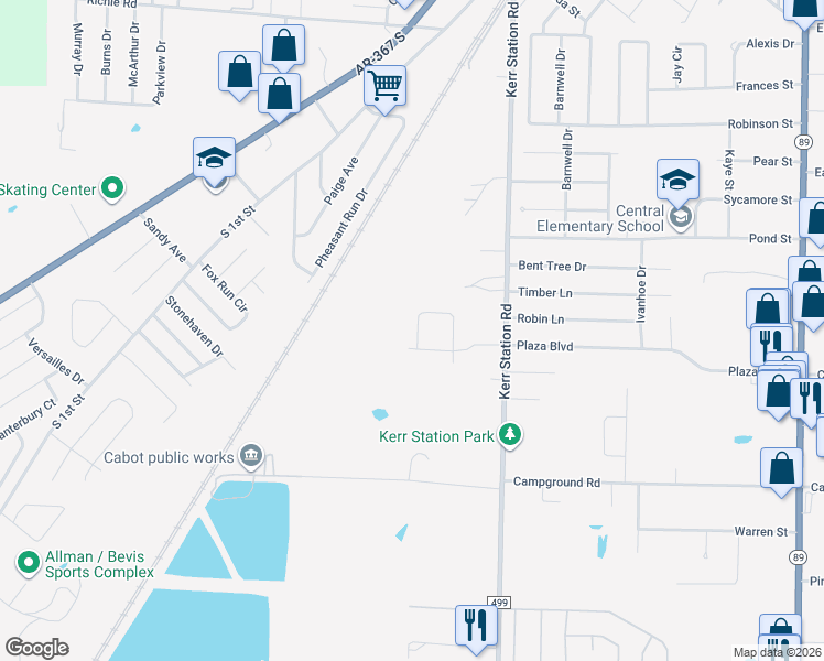 map of restaurants, bars, coffee shops, grocery stores, and more near 14 Bobby Circle in Cabot