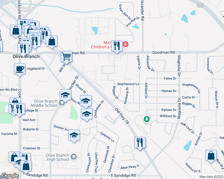 map of restaurants, bars, coffee shops, grocery stores, and more near 9763 Riggan Drive in Olive Branch