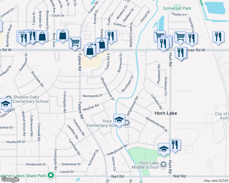 map of restaurants, bars, coffee shops, grocery stores, and more near 6992 Meadowbrook Drive in Horn Lake