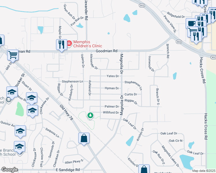 map of restaurants, bars, coffee shops, grocery stores, and more near 10193 Hyman Drive in Olive Branch