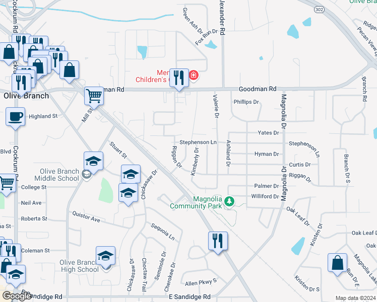 map of restaurants, bars, coffee shops, grocery stores, and more near 6702 Pleasant Acres Drive in Olive Branch