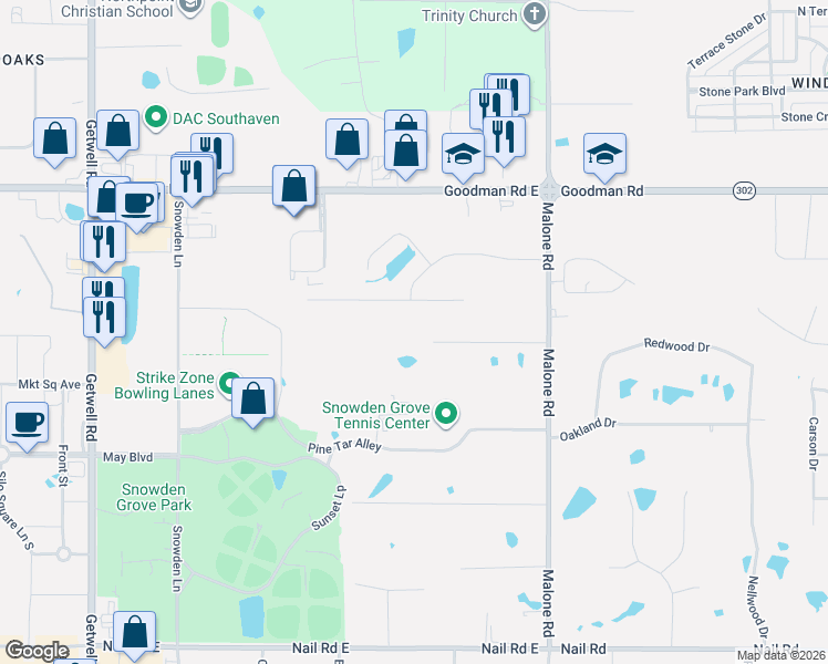 map of restaurants, bars, coffee shops, grocery stores, and more near 3740 Meadow Lane in Southaven
