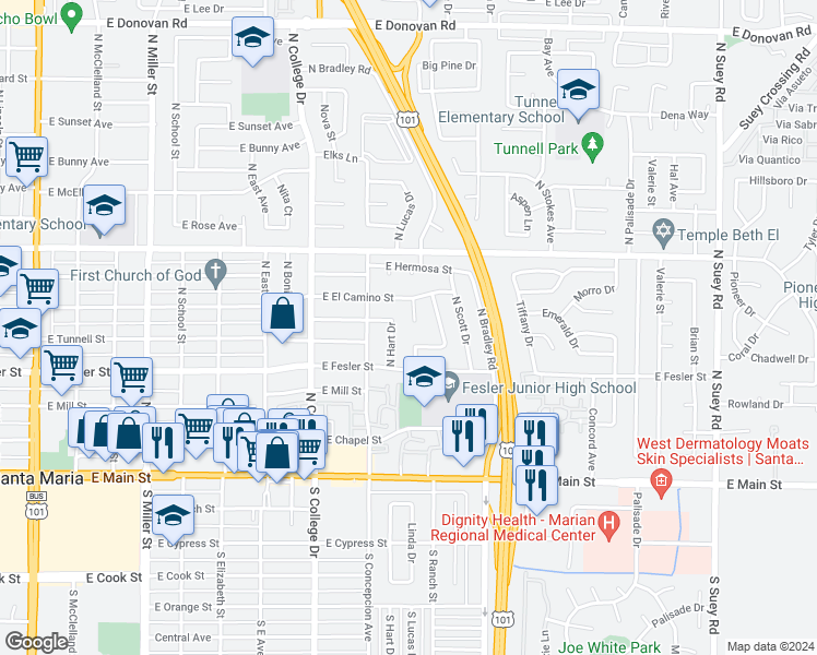 map of restaurants, bars, coffee shops, grocery stores, and more near 515 North Lucas Drive in Santa Maria