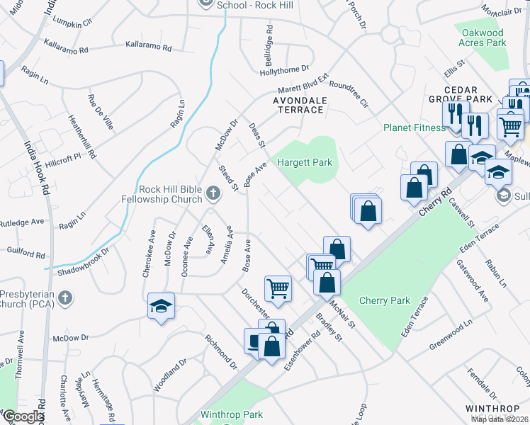 map of restaurants, bars, coffee shops, grocery stores, and more near 1097 Cherry Meadow Lane in Rock Hill