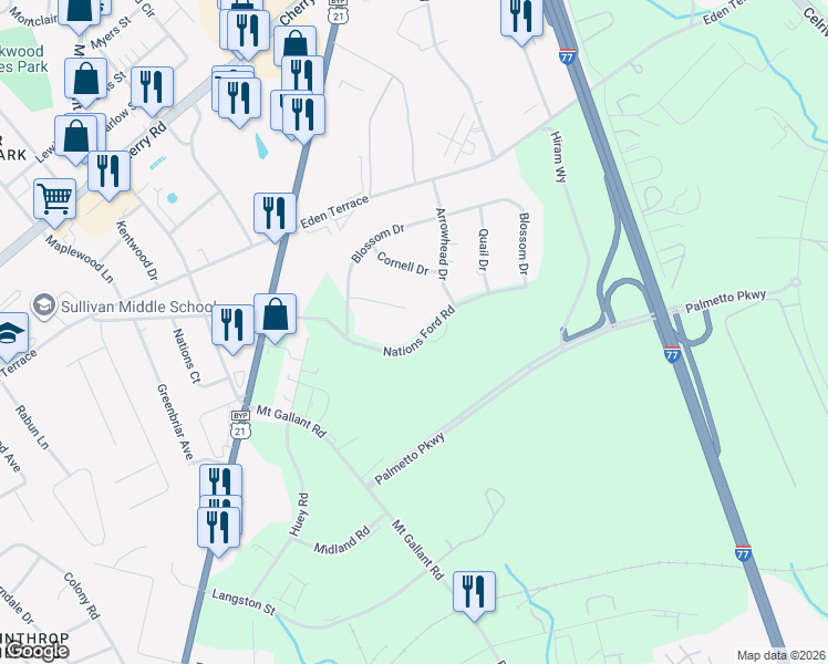 map of restaurants, bars, coffee shops, grocery stores, and more near 2253 Nations Ford Road in Rock Hill
