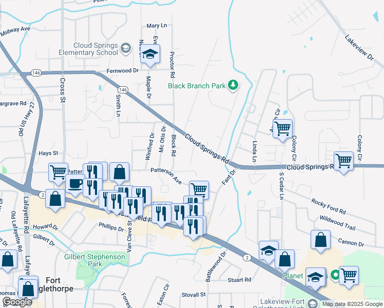 map of restaurants, bars, coffee shops, grocery stores, and more near 996 Cloud Springs Road in Rossville