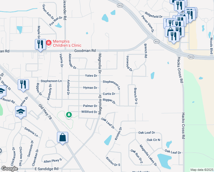 map of restaurants, bars, coffee shops, grocery stores, and more near 6714 Curtis Cove in Olive Branch