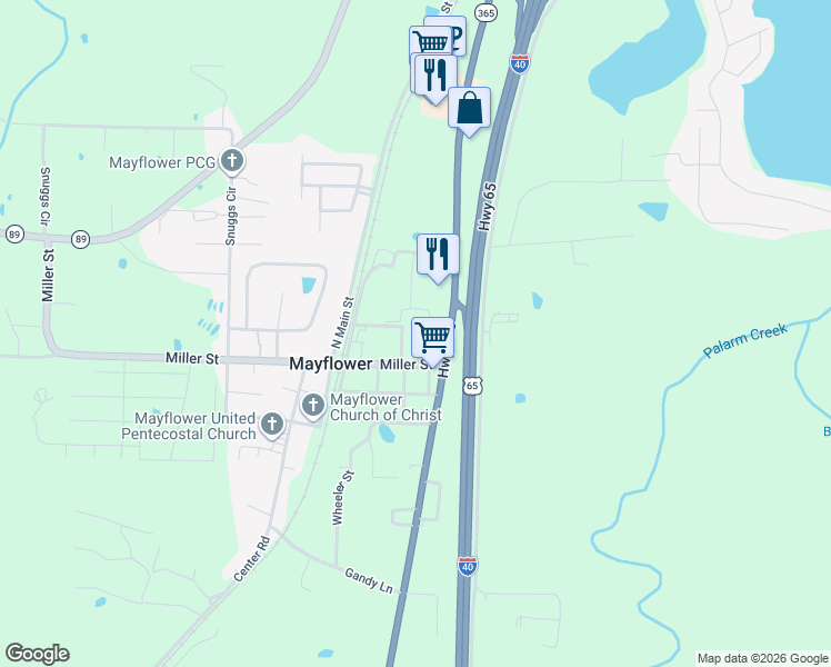 map of restaurants, bars, coffee shops, grocery stores, and more near 4 Grove Street in Mayflower