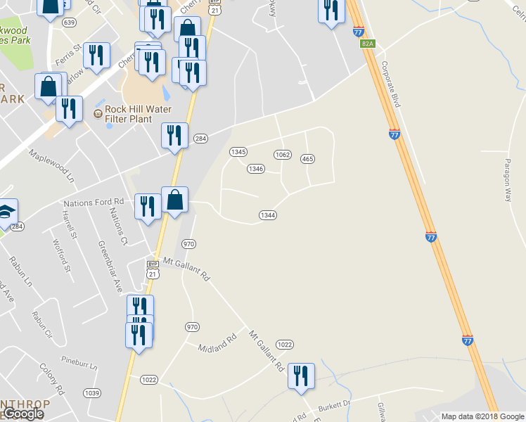 map of restaurants, bars, coffee shops, grocery stores, and more near 2253 Nations Ford Road in Rock Hill
