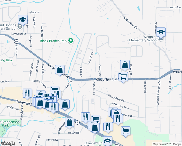 map of restaurants, bars, coffee shops, grocery stores, and more near 70 Savannah Way in Fort Oglethorpe