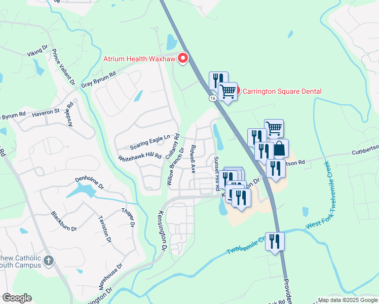 map of restaurants, bars, coffee shops, grocery stores, and more near 3112 Bidwell Avenue in Waxhaw
