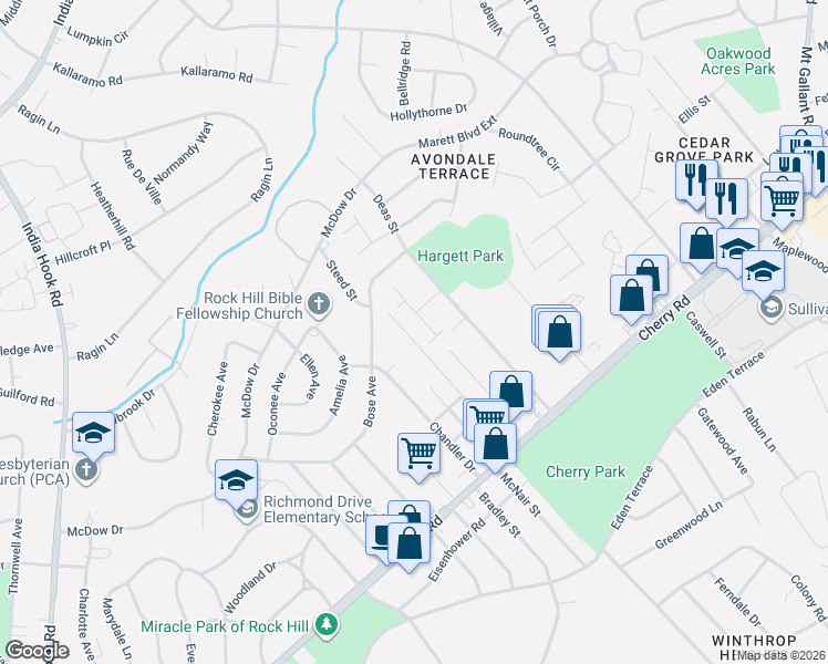 map of restaurants, bars, coffee shops, grocery stores, and more near 1097 Cherry Meadow Lane in Rock Hill