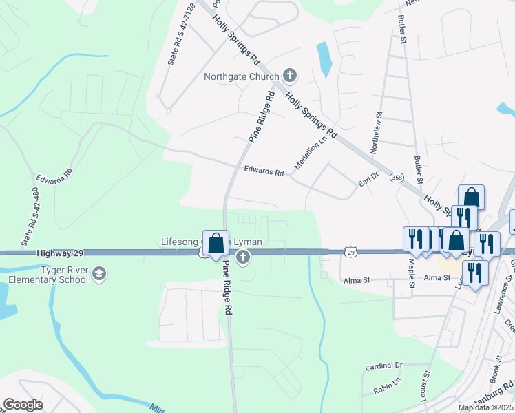 map of restaurants, bars, coffee shops, grocery stores, and more near 432 Madison Creek Court in Lyman