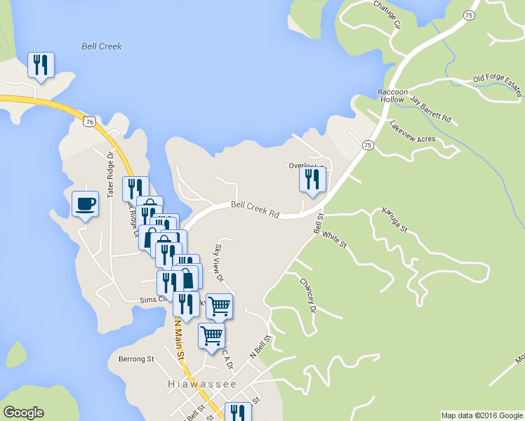 map of restaurants, bars, coffee shops, grocery stores, and more near Bell Creek Road in Hiawassee