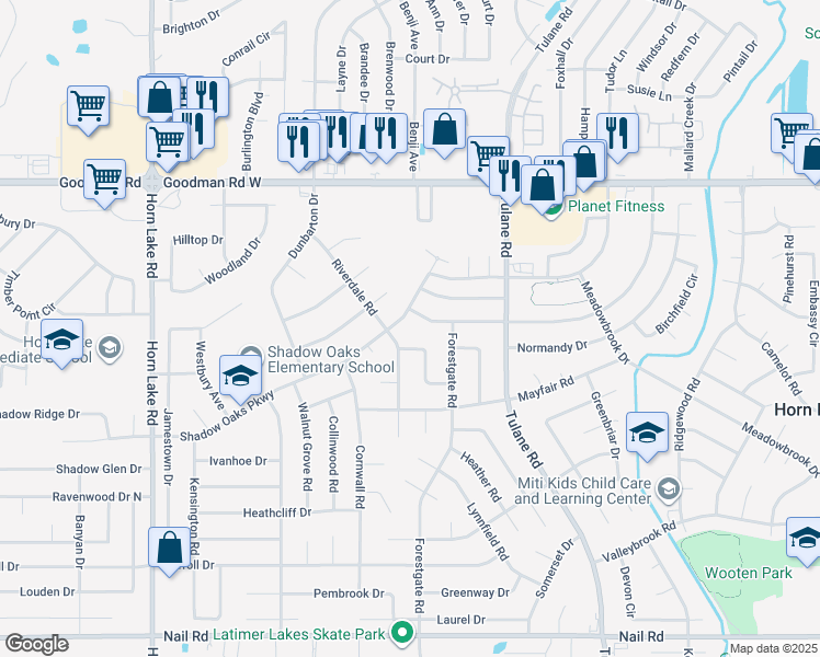 map of restaurants, bars, coffee shops, grocery stores, and more near 3530 Castle Drive in Horn Lake