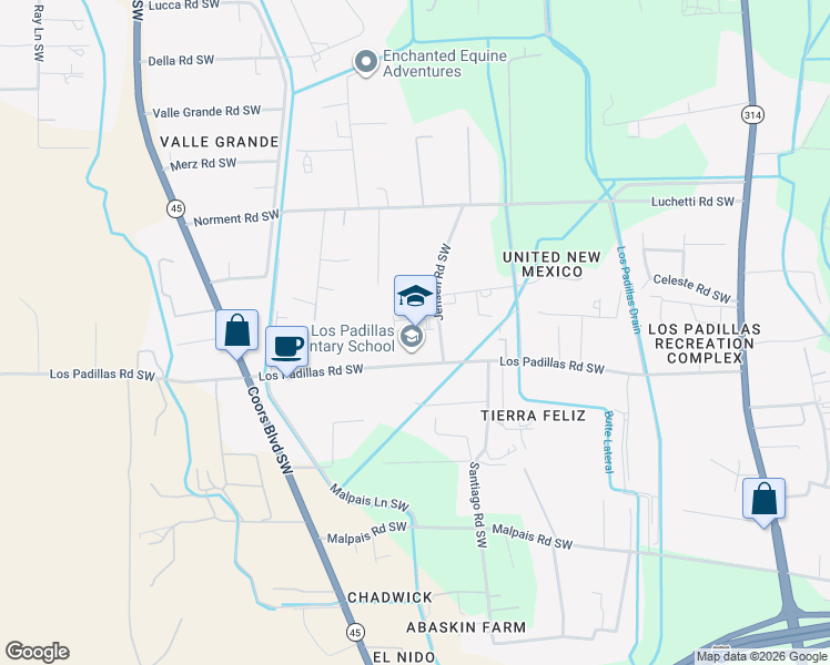 map of restaurants, bars, coffee shops, grocery stores, and more near 2525 Los Padillas Road Southwest in Albuquerque