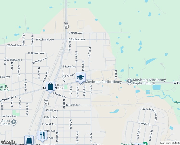 map of restaurants, bars, coffee shops, grocery stores, and more near 2801 North 7th Street in McAlester