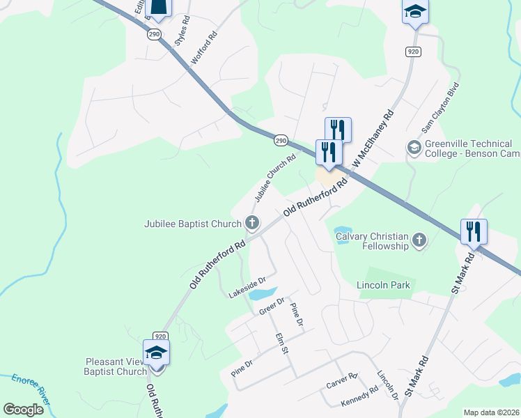 map of restaurants, bars, coffee shops, grocery stores, and more near 609 Old Rutherford Road in Taylors