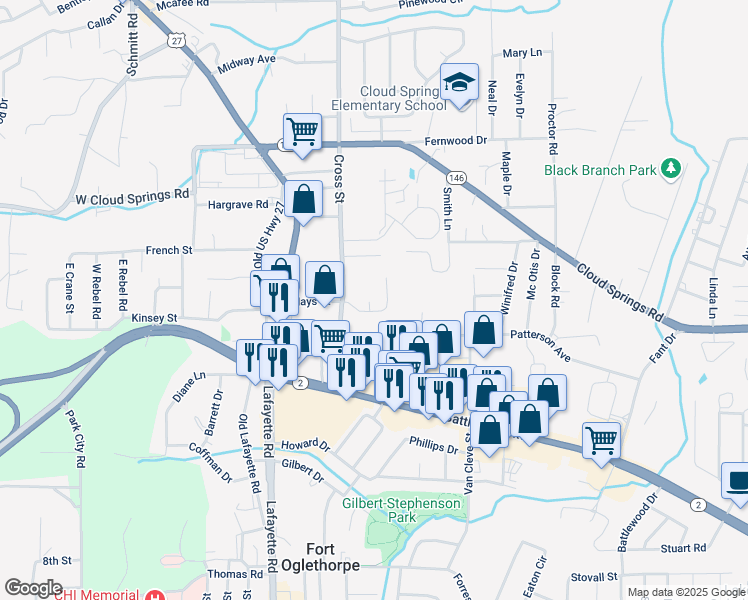 map of restaurants, bars, coffee shops, grocery stores, and more near 1 Patterson Place in Fort Oglethorpe
