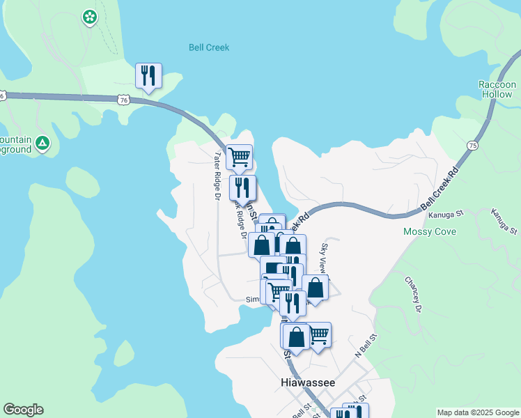 map of restaurants, bars, coffee shops, grocery stores, and more near 678 North Main Street in Hiawassee