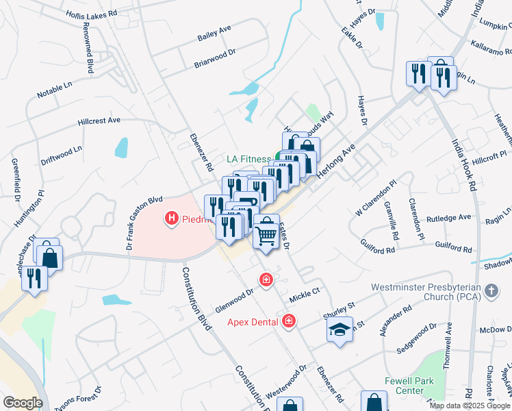 map of restaurants, bars, coffee shops, grocery stores, and more near 1720 Ebenezer Road in Rock Hill