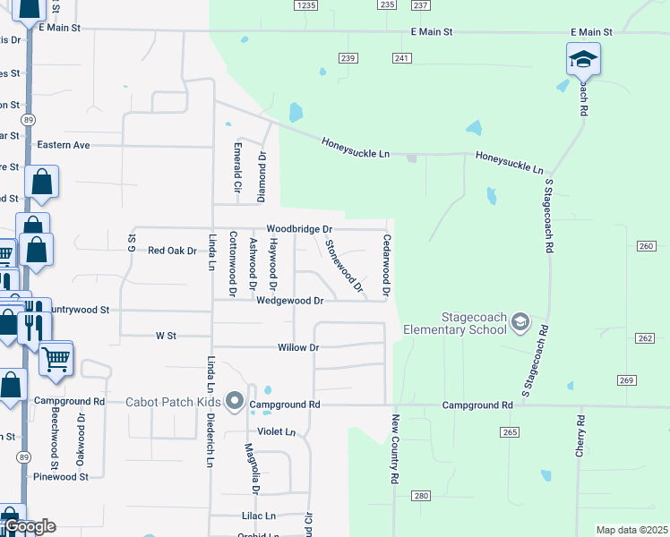 map of restaurants, bars, coffee shops, grocery stores, and more near 23 Stonewood Drive in Cabot