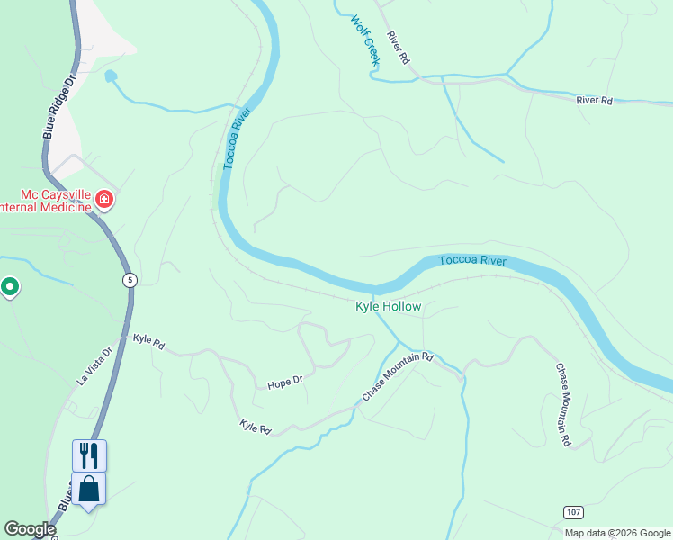 map of restaurants, bars, coffee shops, grocery stores, and more near 737 Wildwood Terrace in Mineral Bluff