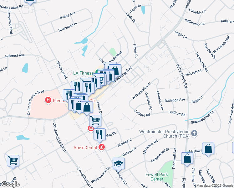 map of restaurants, bars, coffee shops, grocery stores, and more near 242 Ratterree Circle in Rock Hill