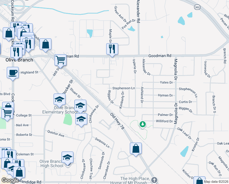 map of restaurants, bars, coffee shops, grocery stores, and more near 6678 Pleasant Acres Drive in Olive Branch