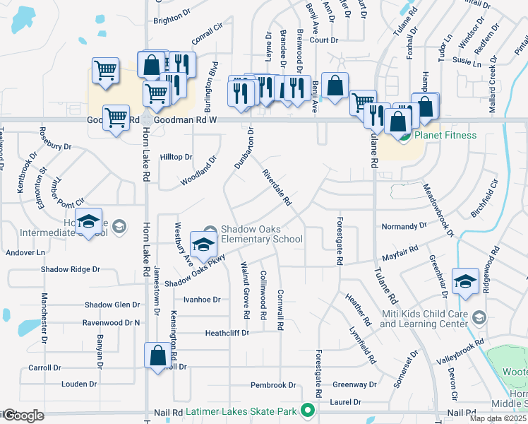 map of restaurants, bars, coffee shops, grocery stores, and more near 3530 Lakehurst Drive in Horn Lake